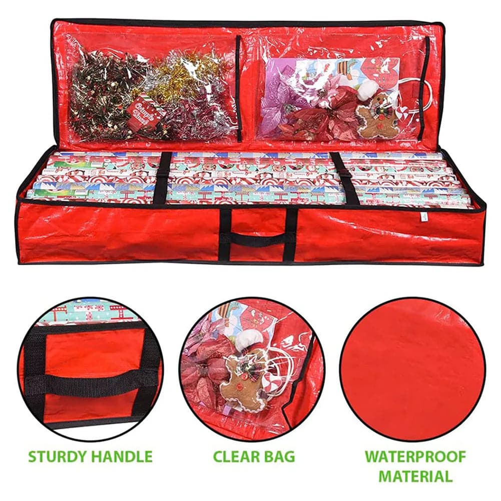 Christmas Gift Wrap Storage Organizer W/ Reinforced Handles Large Xmas Wrapping Paper Storage Bag Household Underbed Storage Box