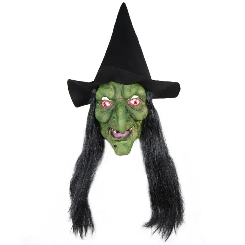 Halloween Horror Old Witch Mask with Hat Cosplay Scary Clown Hag Green Face Latex Masks Big Nose Old Women Costume Party Props