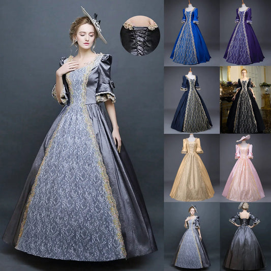 Women Vintage Court Cosplay Dress Medieval Renaissance Queen Ball Gown Elegant Palace Princess Maxi Dress Halloween Costume