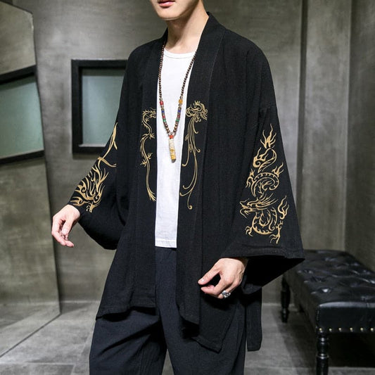 2022 Fashion Costume Embroidery Hanfu Men Chinese Style Linen Robe Cardigan Jacket Oversized Kimono 5XL Ancient Coat Male