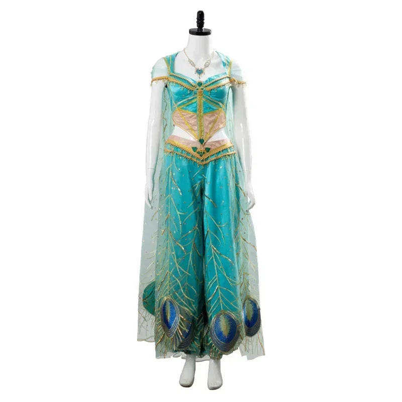 The Movie Aladdin Cosplay Princess Cosplay Jasmine Naomi Scott Green Blue Dress Costume Adult Women Female Halloween Carnival