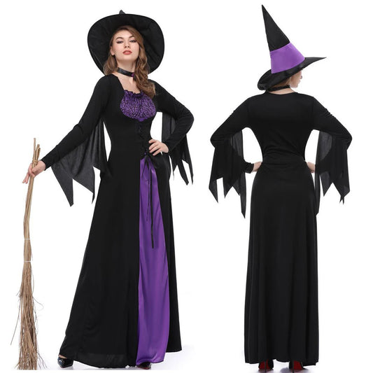 Halloween Gothic Witch Cosplay Costumes Women Sexy Witch Dress With Hat Carnival Party Performese Clothes