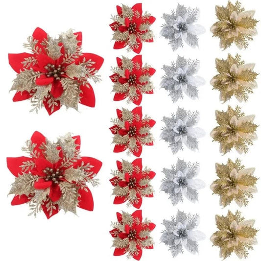 5/10Pcs 14.5cm Sparkling Christmas Decorations Glitter Artifical Flower Doors Windows Christmas Tree Decor for 2024 New Year