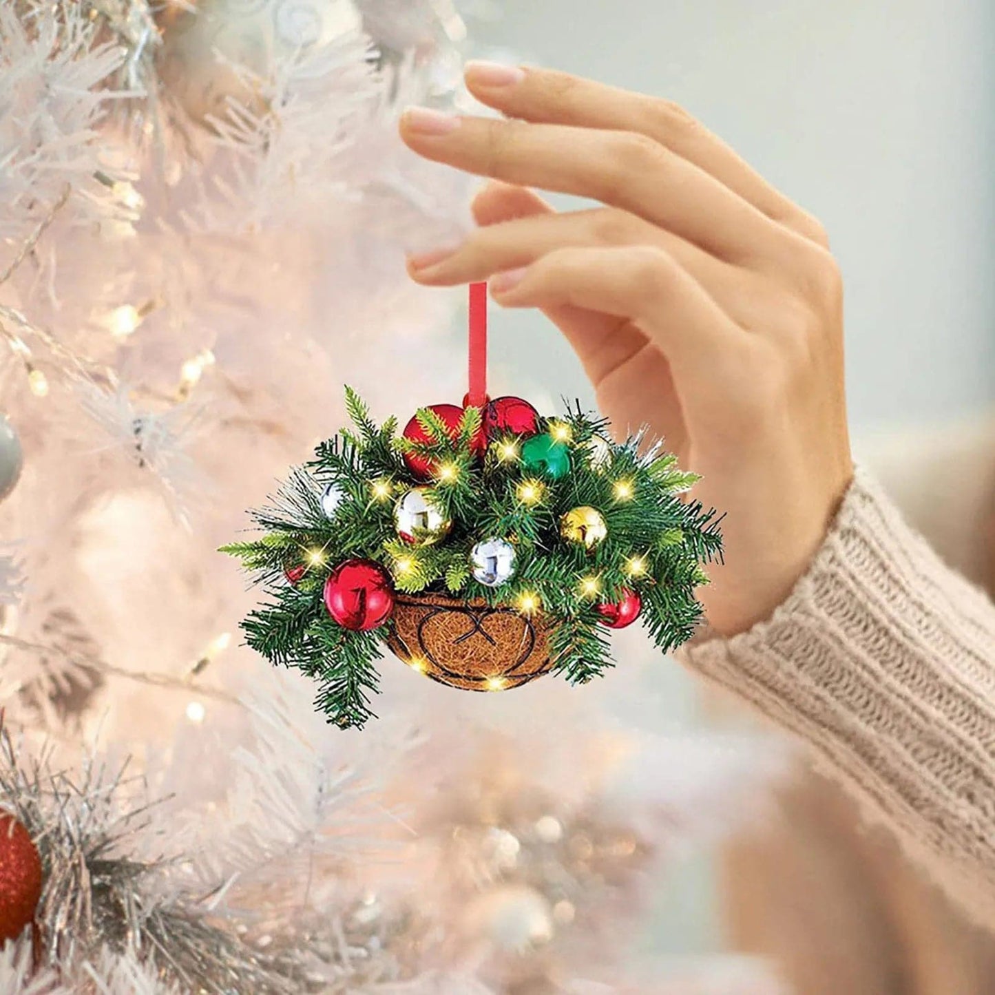 Artificial Hanging Flower Basket Christmas Pendant 2D Green Red Wreath Plant Xmas Tree Ornaments Merry Christmas Decoration Noel