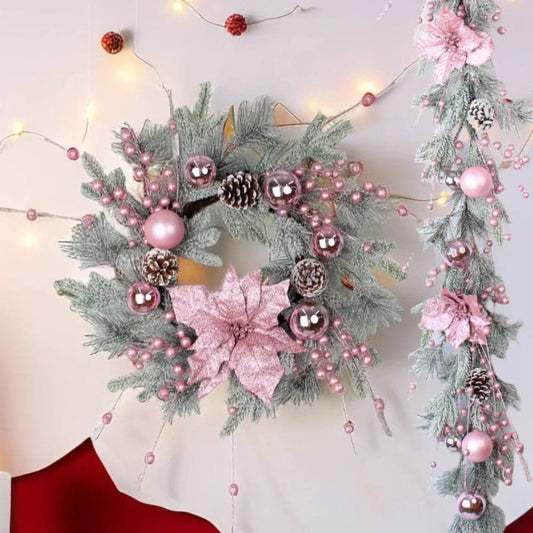 Pink Christmas Wreath for Front Door Christmas Door Wreath Rattan Hanging Ornaments for Door Window Mantle New Year Home Decor
