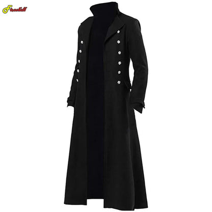 Men Vintage Medieval Costumes Steampunk Gothic Black Long Jacket Coat Vampire Cosplay Pirate Halloween Outfit Men's Trenchcoat