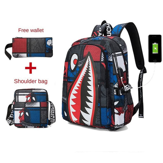 23 Fashion Trend Anime Backpack Men Primary Students Schoolbag Cartoon Spider Sharks Print Simple Personality Junior Bagpacks
