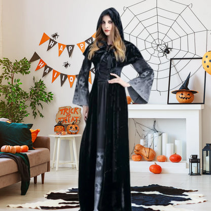 Vintage Gothic Women Halloween Witch Costume with Headwear Hat Veil Vampire Bride Ladies Long Sleeve Dress Horror Party Clothing