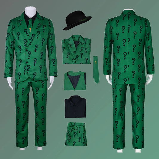 Men Riddler Cosplay Fantasy Movie Super Villain Costume Disguise Adult Boys Roleplay Fantasia Outfits Halloween Male Suits