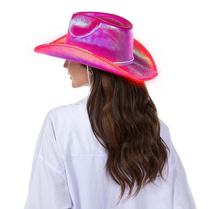 Bright Colors Cowboy Hat Wide Brim Hemming Windproof Rope Halloween Holographic LED Light Jazz Hat Fashion Accessories